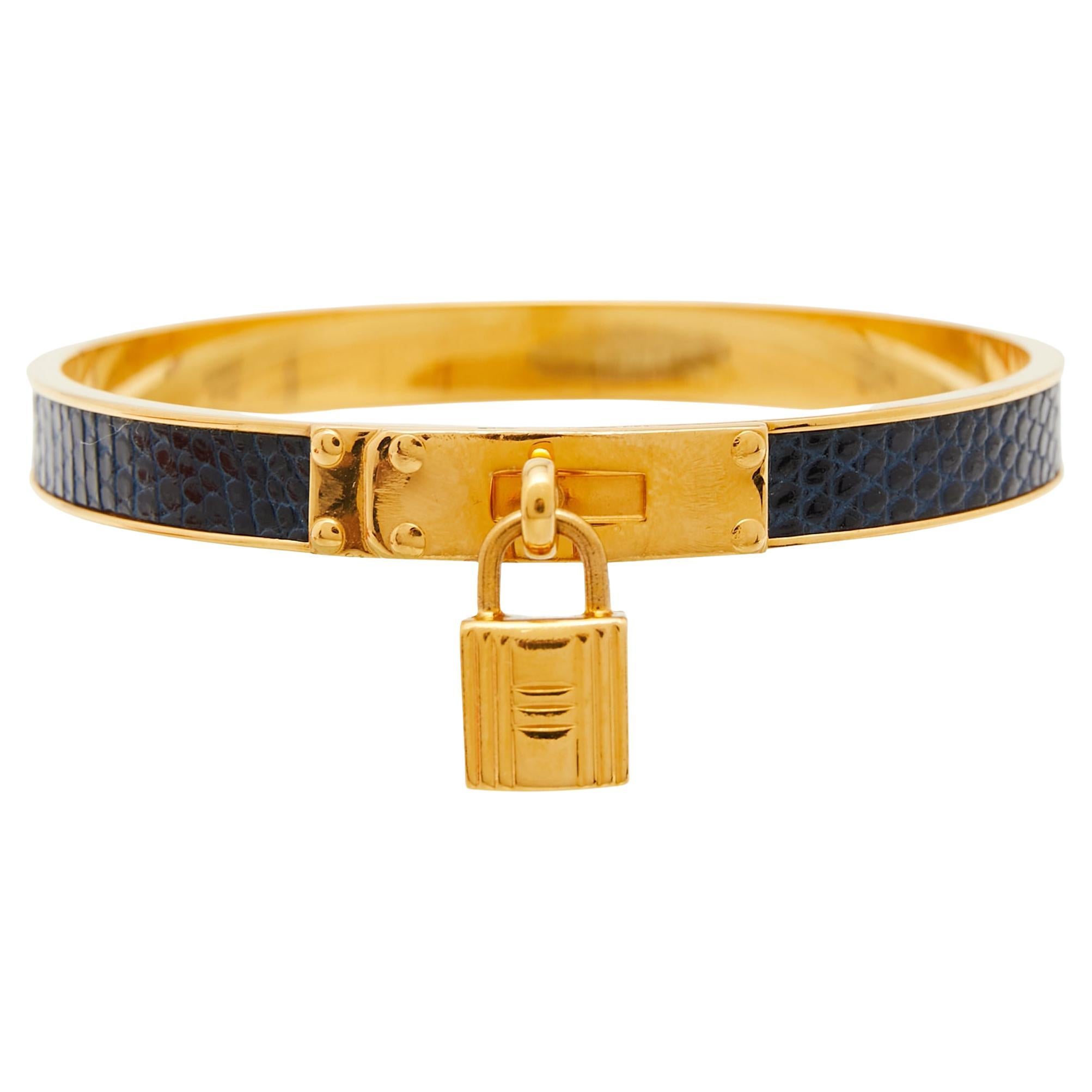 Hermès Kelly Lock Cadena Blue Leather Gold Tone Metal Bangle Bracelet