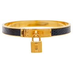 Hermès Kelly Lock Cadena Blue Leather Gold Tone Metal Bangle Bracelet