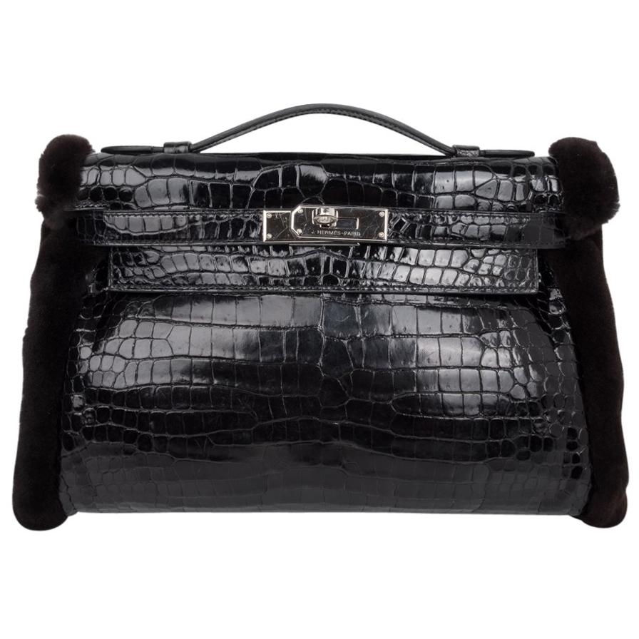 Hermes Kelly Manchon Black Mink and Porosus Crocodile Muff