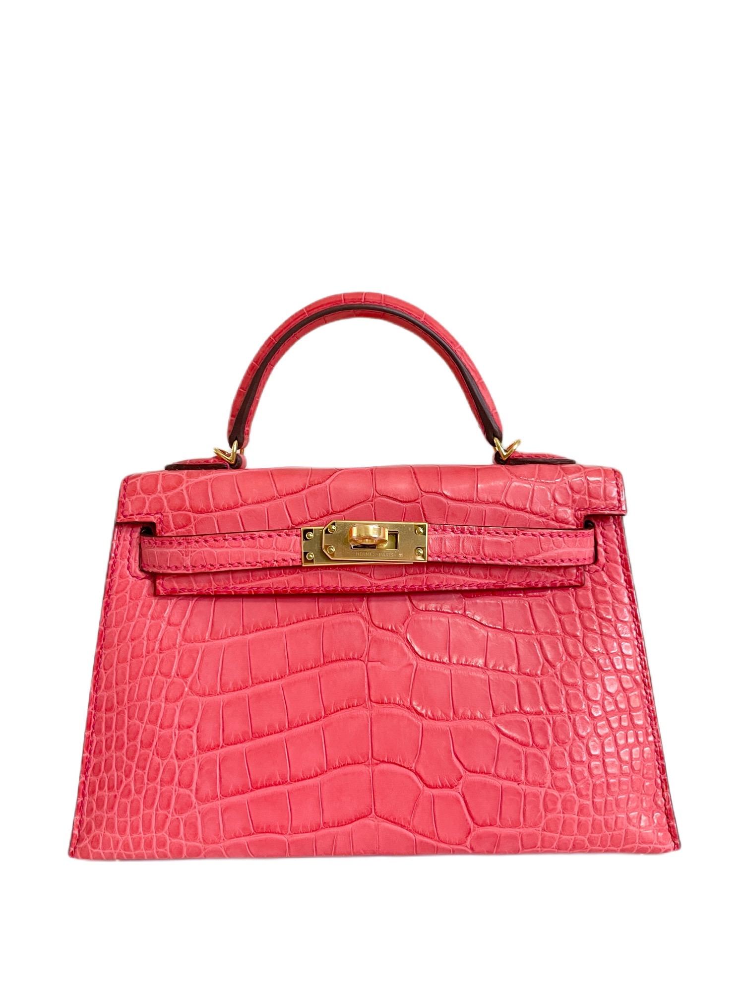 New Rare Hermes Kelly Mini 20 Alligator Bougainvillea Pink Gold Hardware. Full set with copy of receipt and cites. Y Stamp 2020. 

Shop with Confidence from Lux Addicts. Authenticity Guaranteed! 