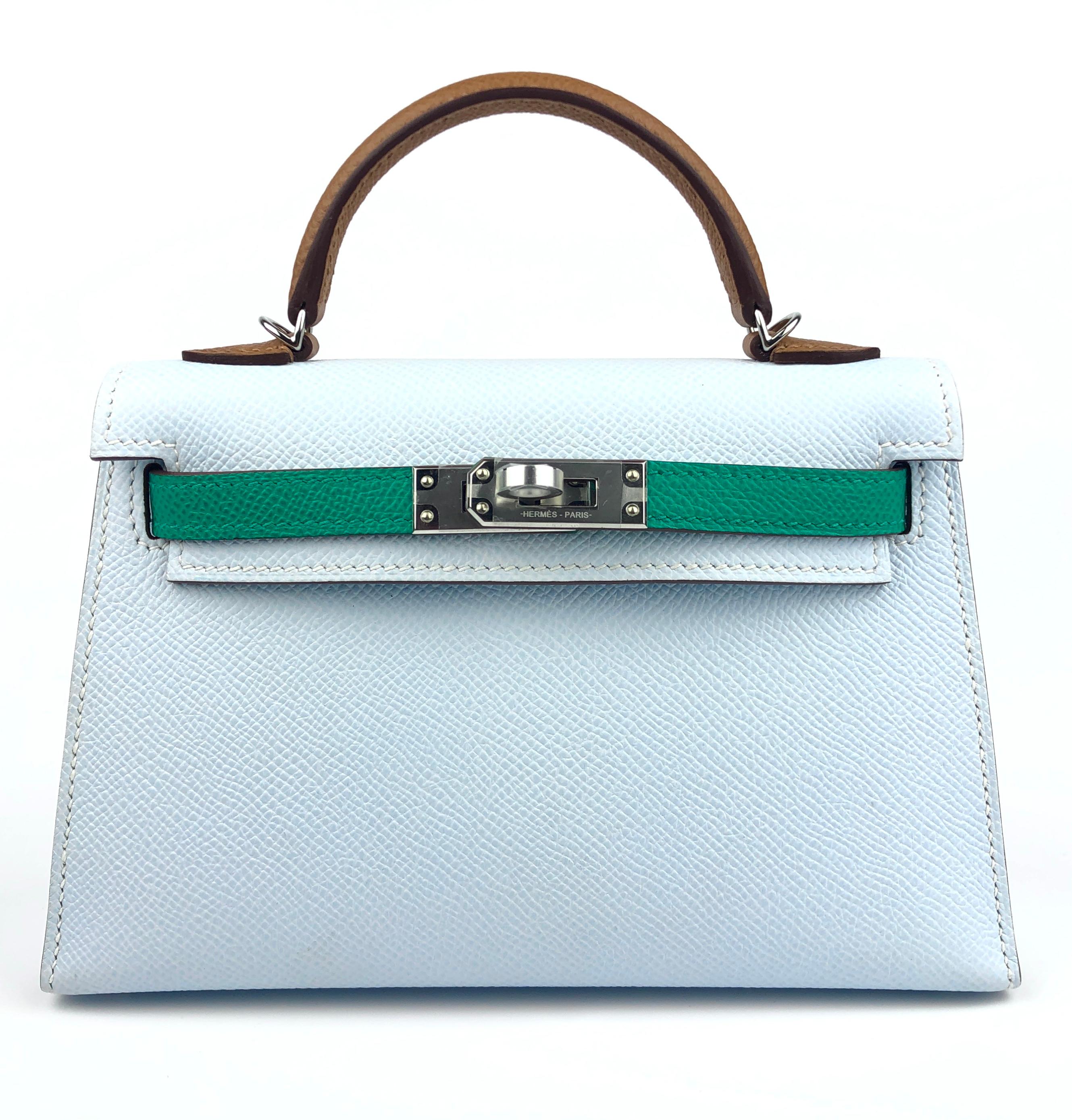 New 2022 Ultra Rare and Hardest to get Hermes Mini Kelly 20 Bleu Brume, Vert Jade, Gold Epsom Leather Complimented by Palladium Hardware. U Stamp 2022. From Collectors Closet, Has been displayed but never carried out. Please view interior photo very