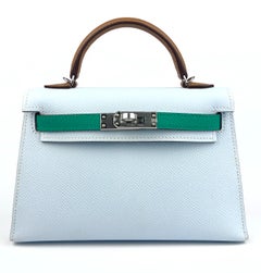 Hermes Kelly Mini 20 Bag Tricolor Blue Brume Vert Jade Green Epsom Palladium NEW