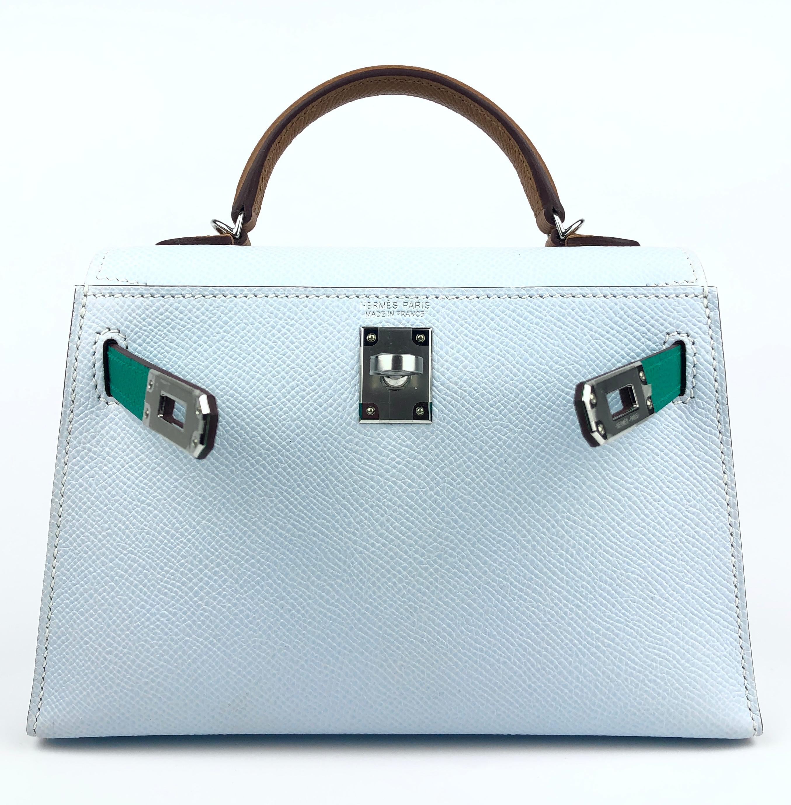 Hermès - Sac Kelly Mini 20 tricolore bleu brume vert jade en cuir Epsom Palladium NEUF Neuf à Miami, FL