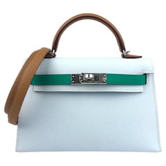 Hermès - Sac Kelly Mini 20 tricolore bleu brume vert jade en cuir Epsom Palladium NEUF