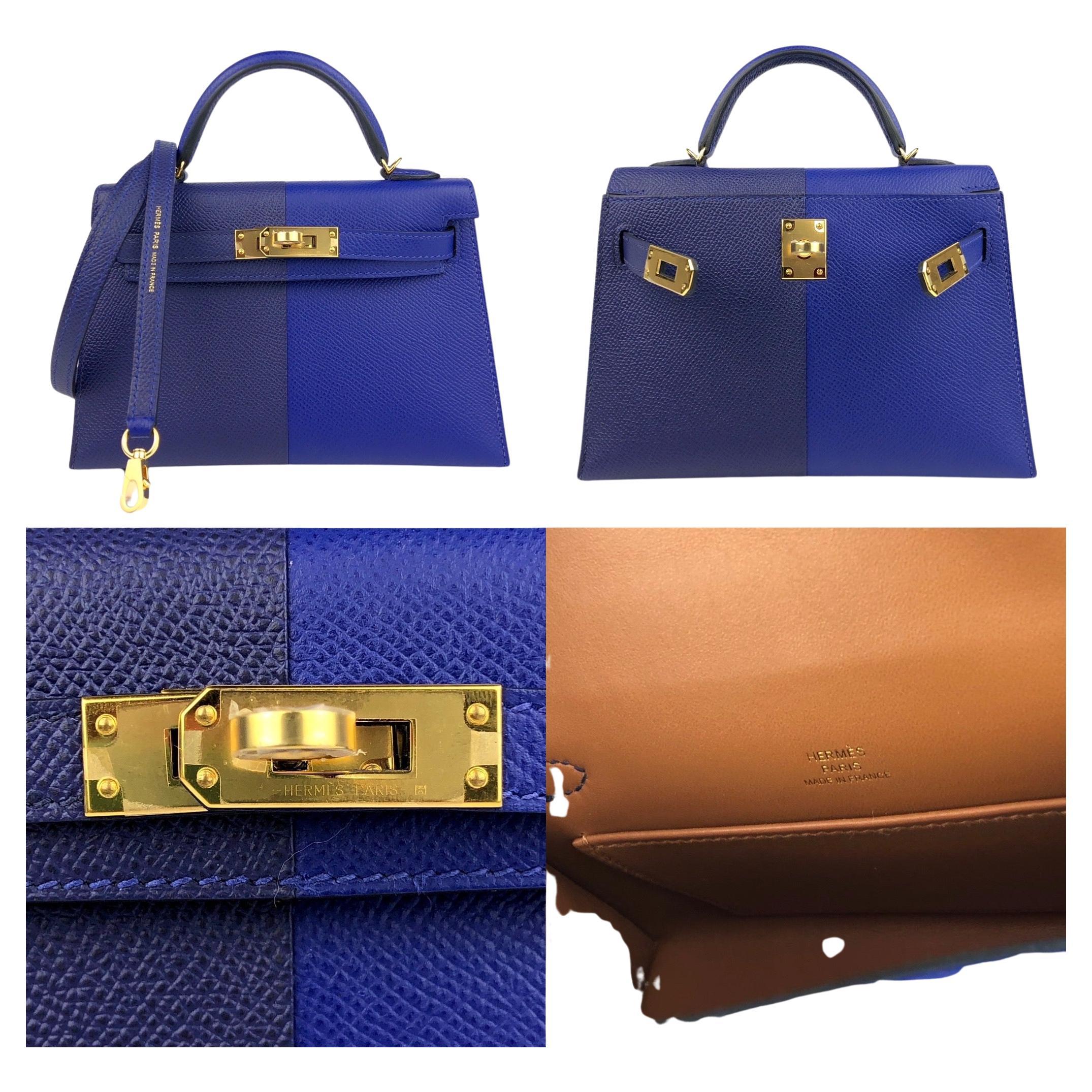 Only One For Sale on the Market!
U Stamp 2022 Full Set With LIMITED EDITION BOX & DUST BAGS. ULTRA RARE Tri Color Hermes Kelly 20 Mini Blue Electric, Blue Encre and Gold Interior Epsom Leather Complimented by Gold Hardware.  

Shop with Confidence