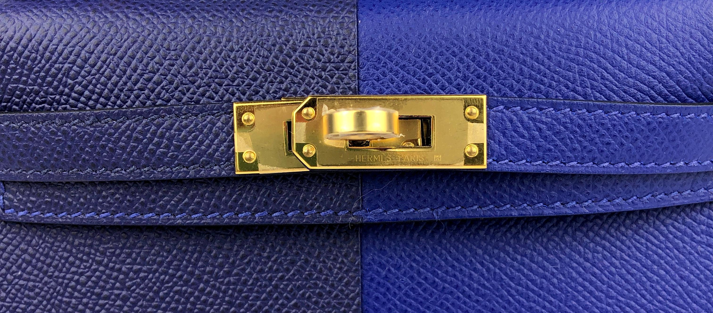 Hermes Kelly Mini 20 Bag Tricolor Blue Electric Blue Encre Gold Epsom New  In New Condition In Miami, FL