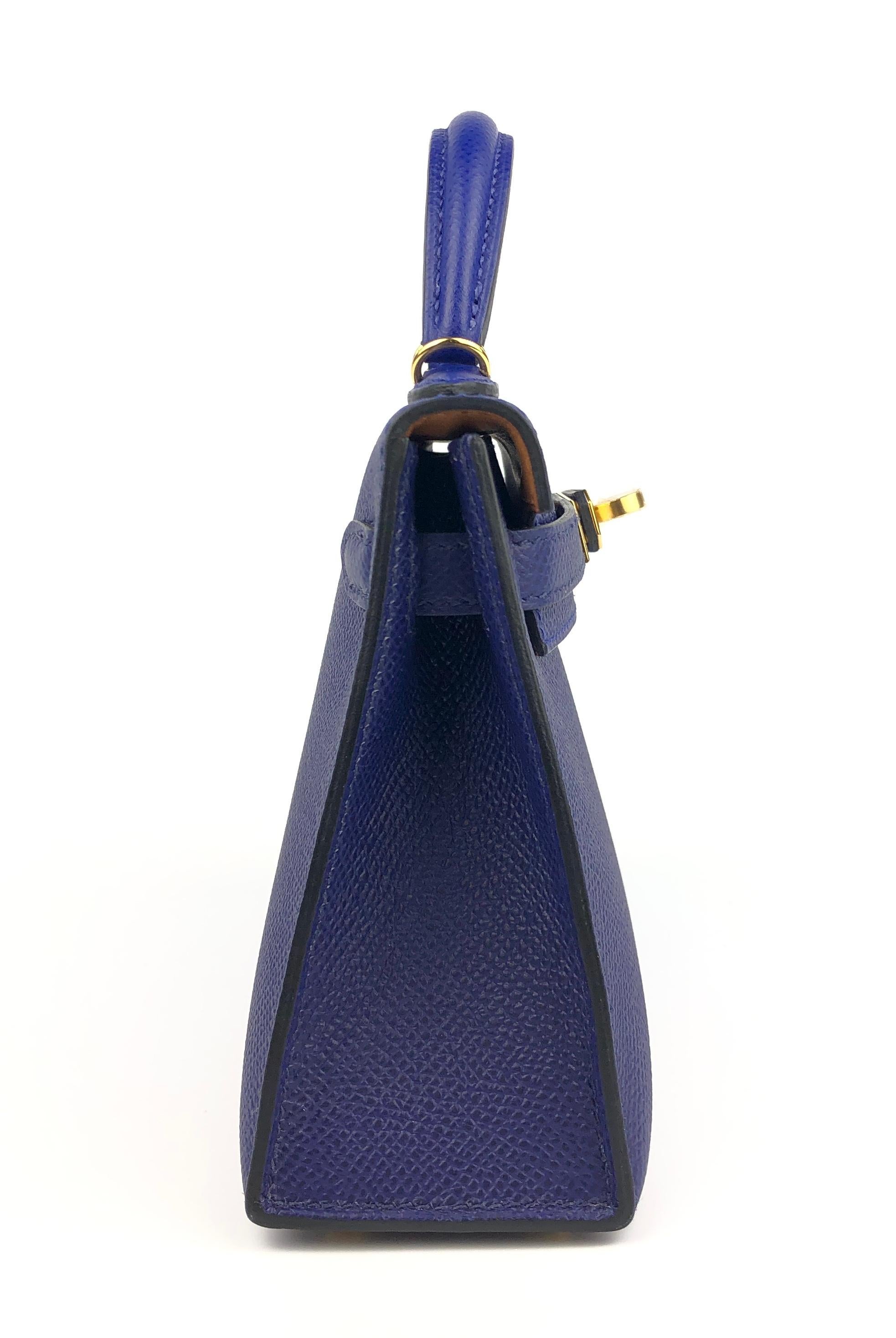 Hermes Kelly Mini 20 Bag Tricolor Blue Electric Blue Encre Gold Epsom New  2