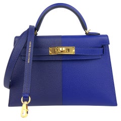 Hermes Kelly Mini 20 Bag Tricolor Blue Electric Blue Encre Gold Epsom New 