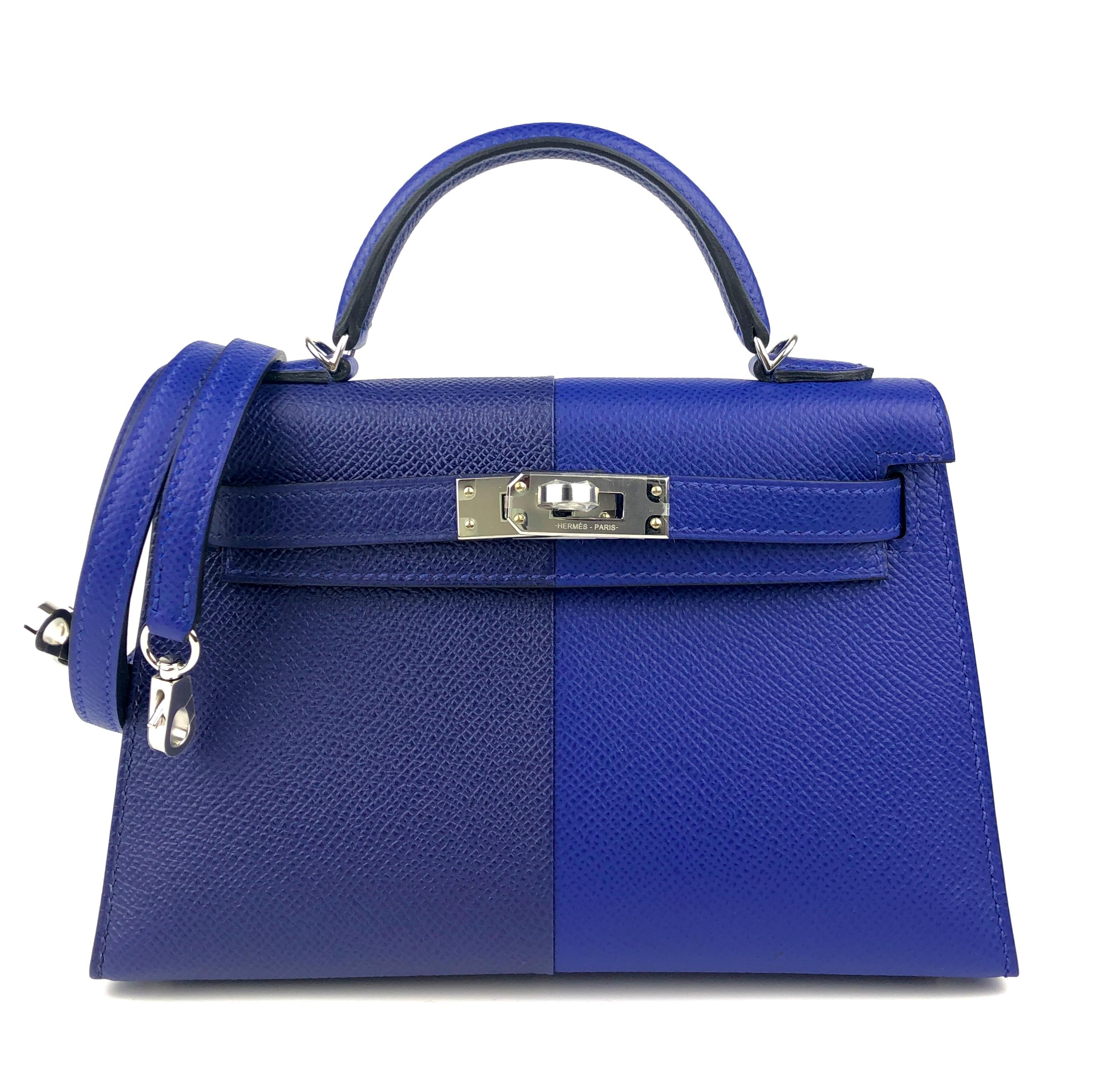 Only One For Sale in the World! ULTRA RARE Tri Color Hermes Kelly 20 Mini Blue Electric, Blue Encre and Gold Interior Epsom Leather Complimented by Palladium Hardware. Z Stamp Full Set. 

Shop with Confidence from Lux Addicts. Authenticity