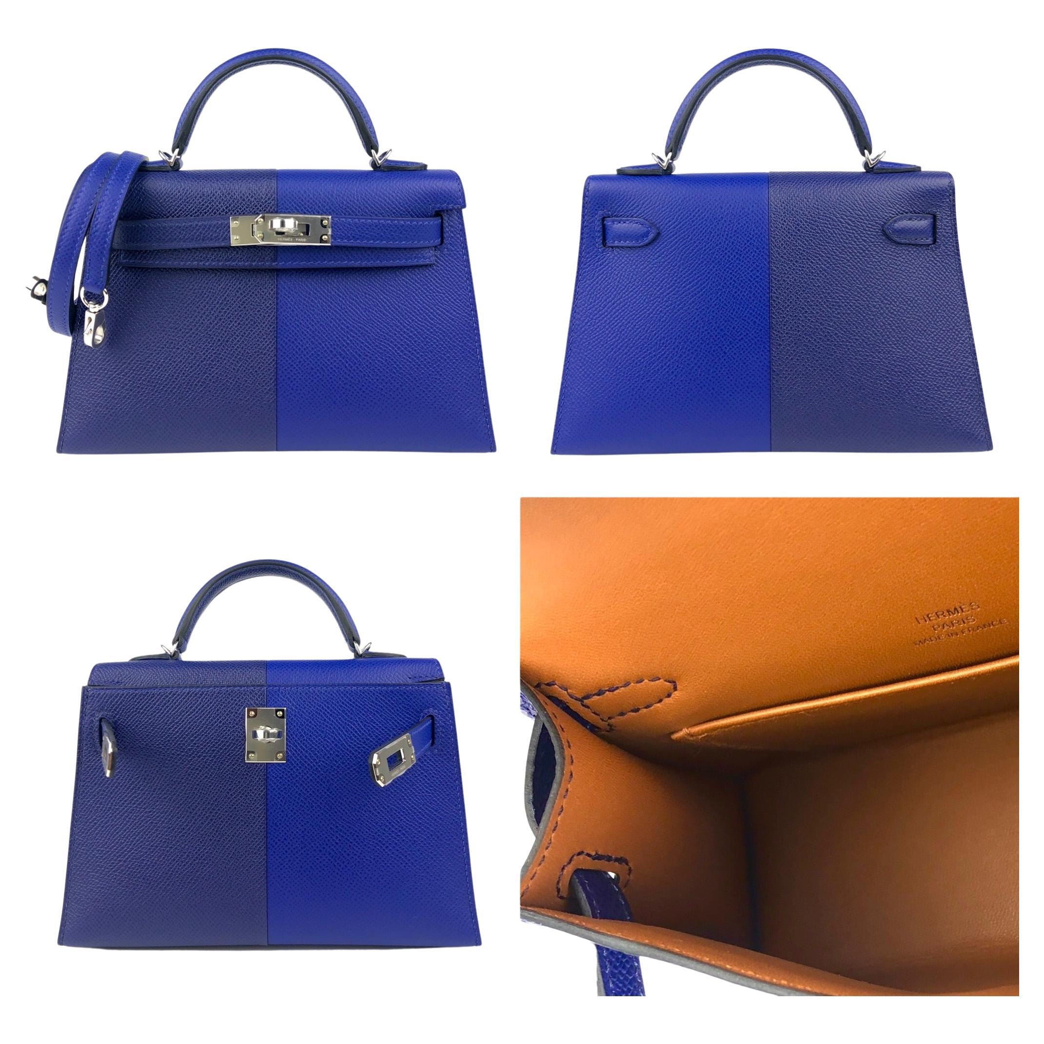 Hermes Kelly Mini 20 Bag Tricolor Blue Electric Blue Encre Gold Epsom New  2021
