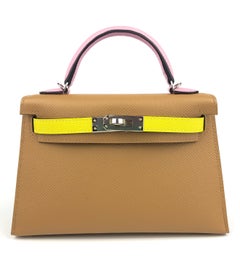 Hermes Kelly Mini 20 Bag Tricolor Chai Lime Mauve Sylvester Epsom Palladium NEW