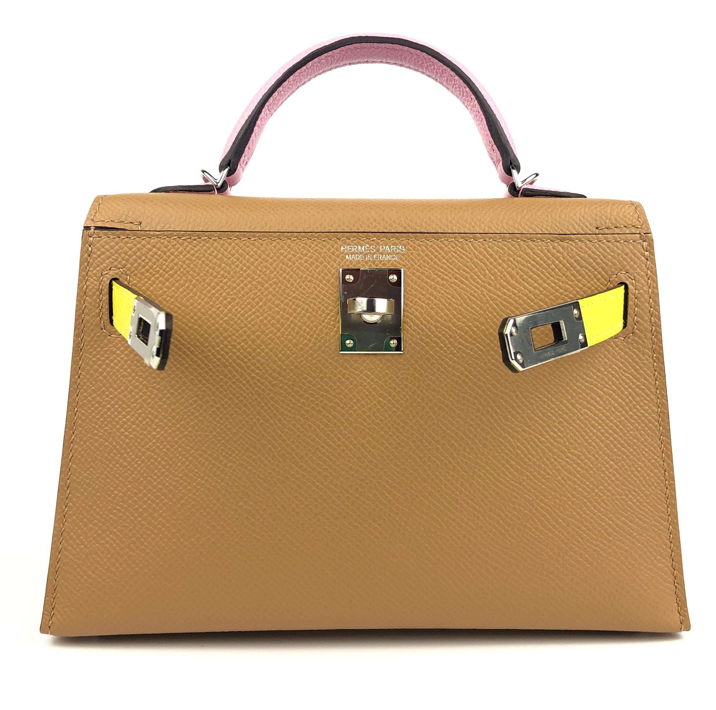 Women's or Men's Hermes Kelly Mini 20 Bag Tricolor Chai Lime Mauve Sylvester Epsom Palladium NEW