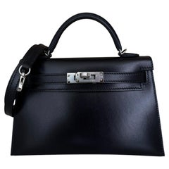 Hermes Kelly Mini 20 Black Noir Box Leather Palladium Hardware Rare Shoulder Bag