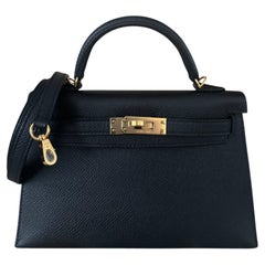 Hermes Kelly Mini 20 Black Noir Epsom Leather Gold Hardware Shoulder Bag