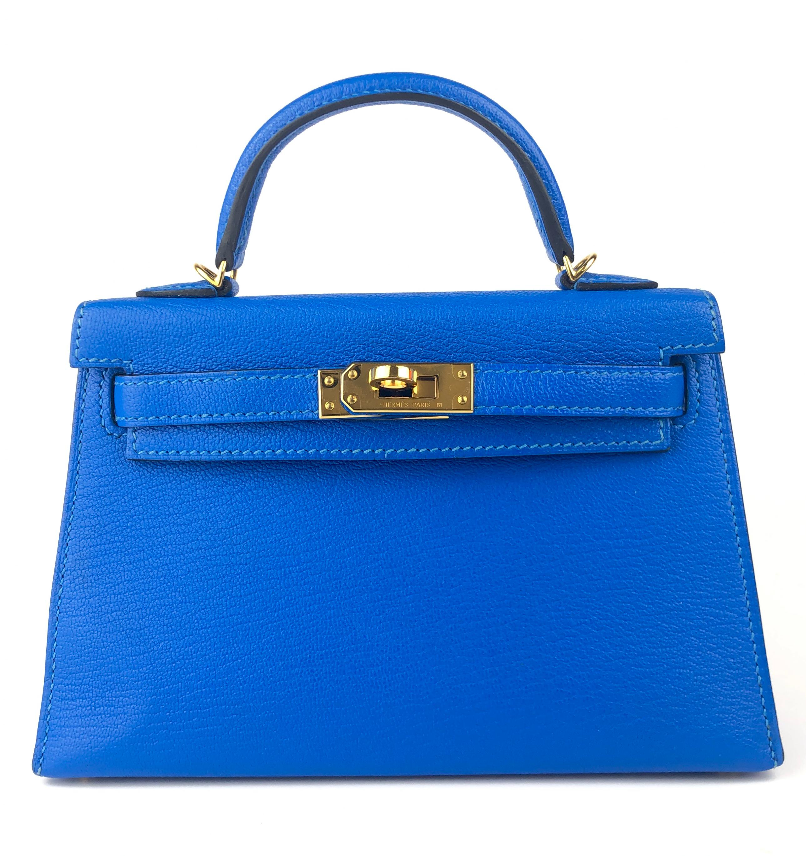 Rare and Hardest to get Hermes Mini Kelly 20 Blue Hydra Chèvre Leather Complimented by Gold Hardware. A Stamp 2017. Excellent Condition with Plastic on Hardware.

Please keep in mind that this is a pre owned item, the bag has been carried before,