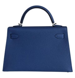 Hermes Kelly Mini 20 Blue Tie Epsom Electrum Palladium Hardware Shoulder Bag