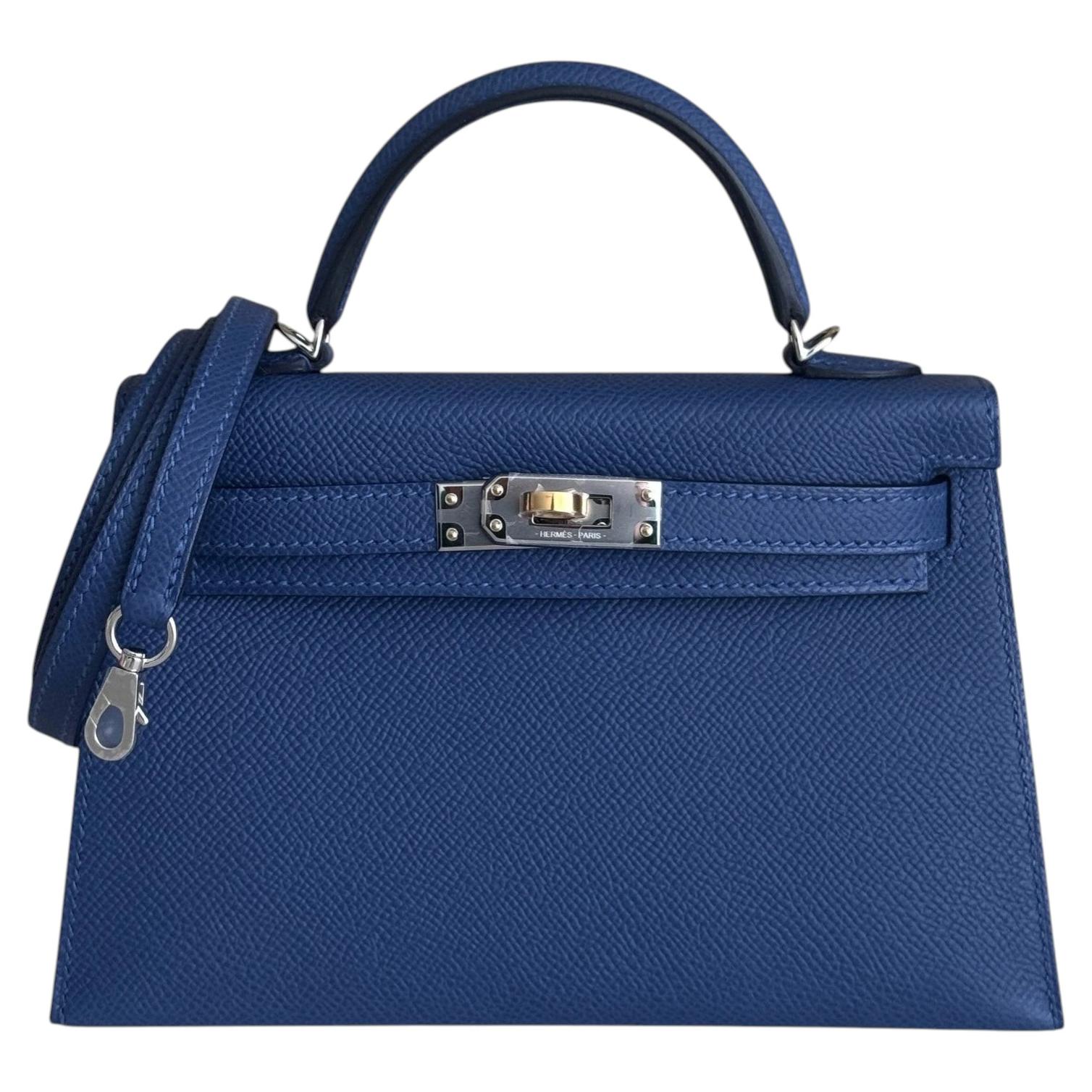 Hermes Kelly Mini 20 Blue Tie Epsom Electrum Palladium Hardware Shoulder Bag