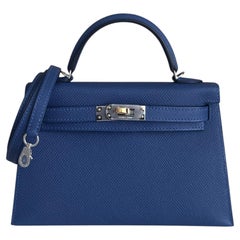 Hermes Kelly Mini 20 Blue Tie Epsom Electrum Palladium Hardware Shoulder Bag