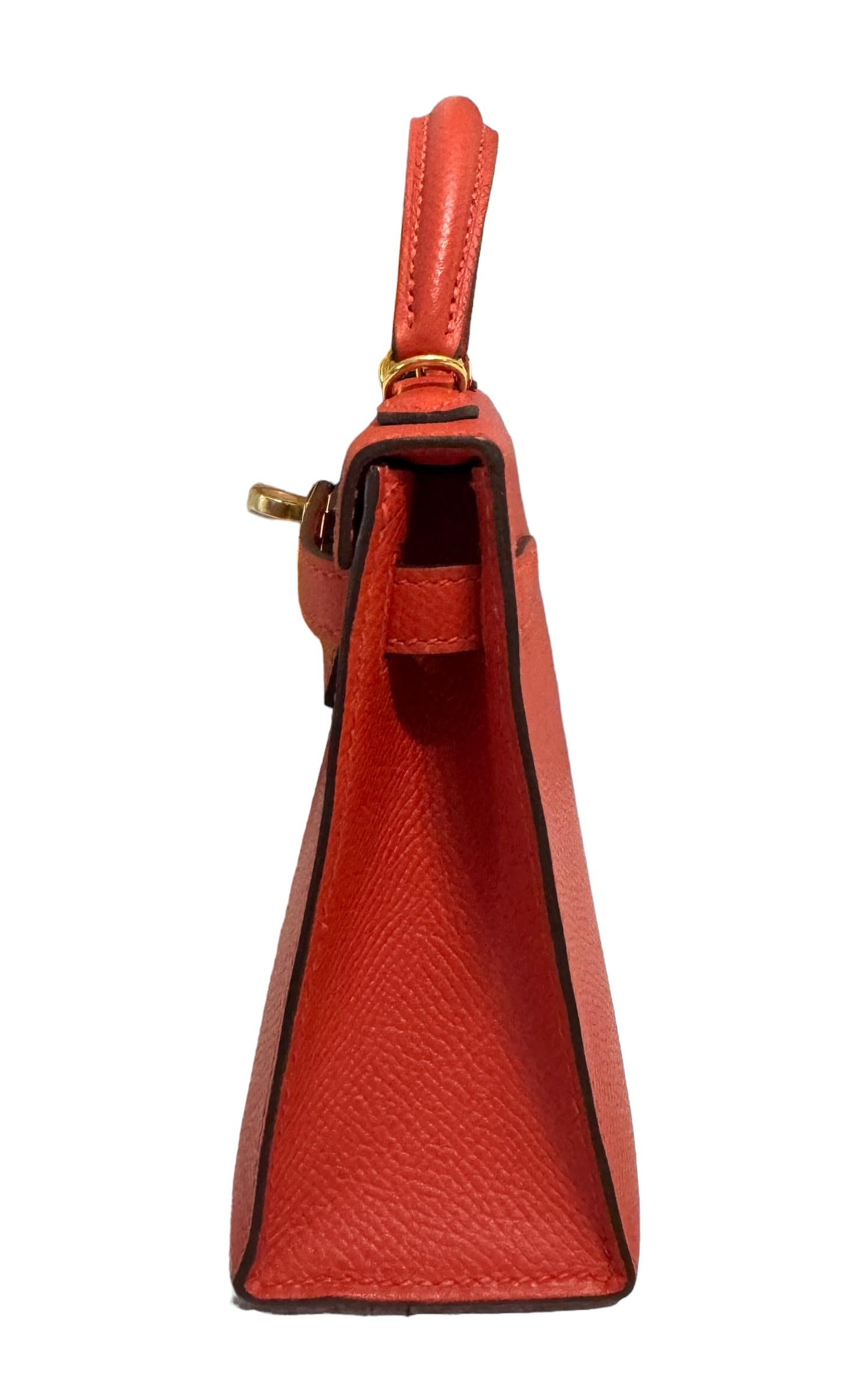 Women's or Men's Hermes Kelly Mini 20 Capucine Orange Red Epsom Leather Gold Hardware