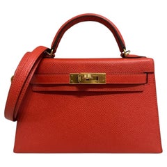Hermes Kelly Mini 20 Capucine Orange Red Epsom Leather Gold Hardware Handbag