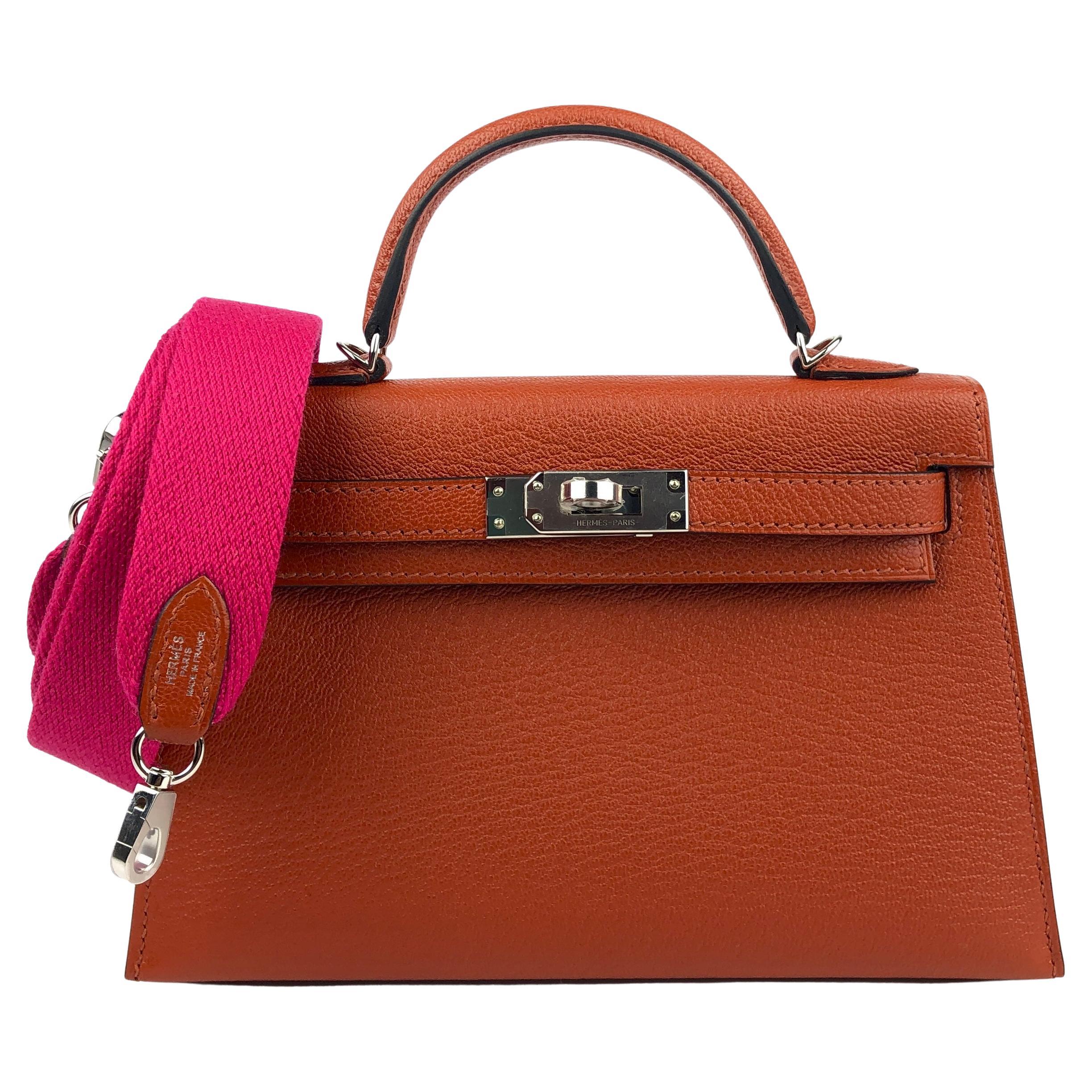 Hermes Kelly Mini 20 Cuivre Chèvre Leather Rose Mexico Wooly Strap Palladium NEW For Sale