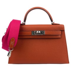 Hermes Kelly Mini 20 Cuivre Chèvre Leather Rose Mexico Wooly Strap Palladium NEW