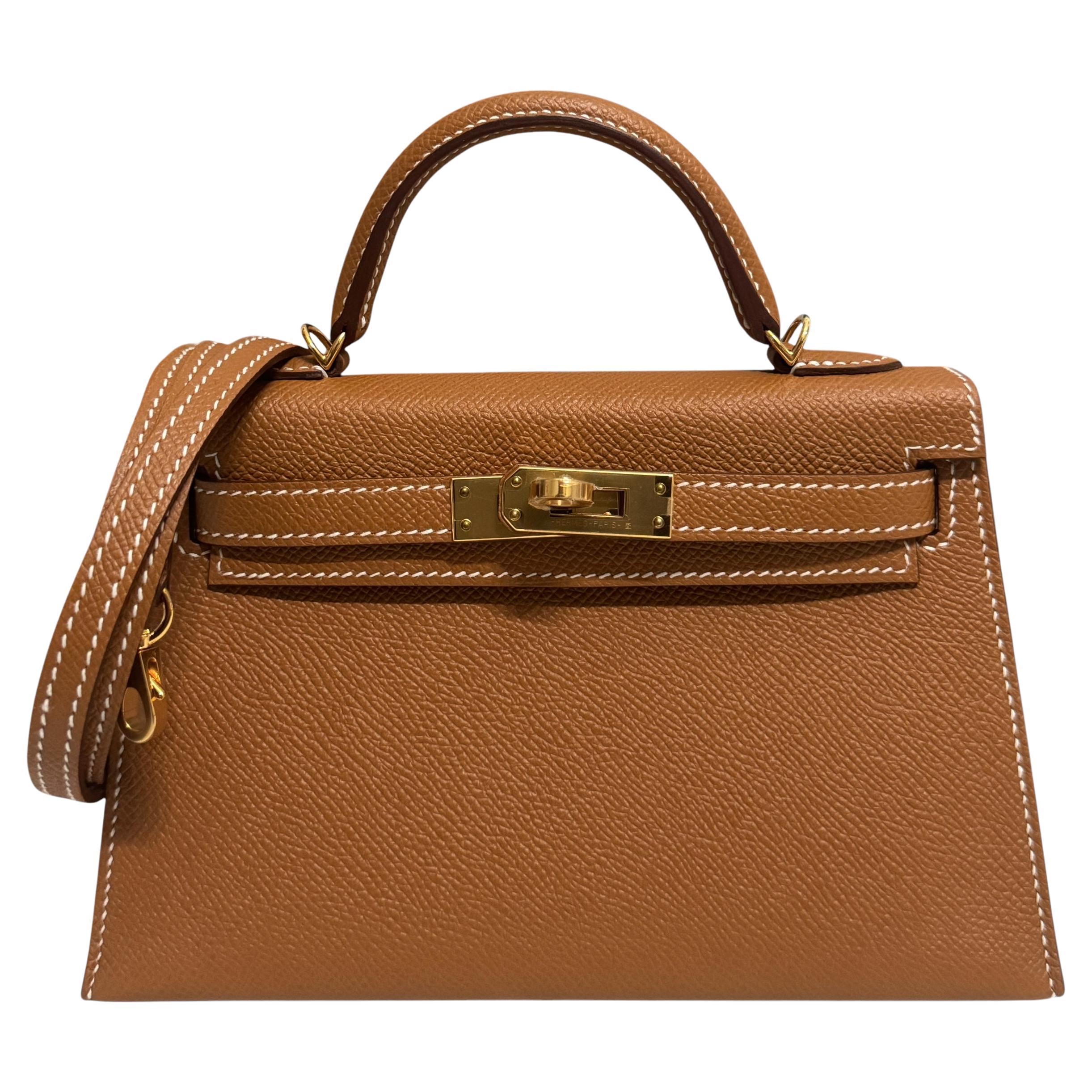 Hermes Kelly Mini 20 Oro Tan Epsom Cuero Herrajes Dorados en venta