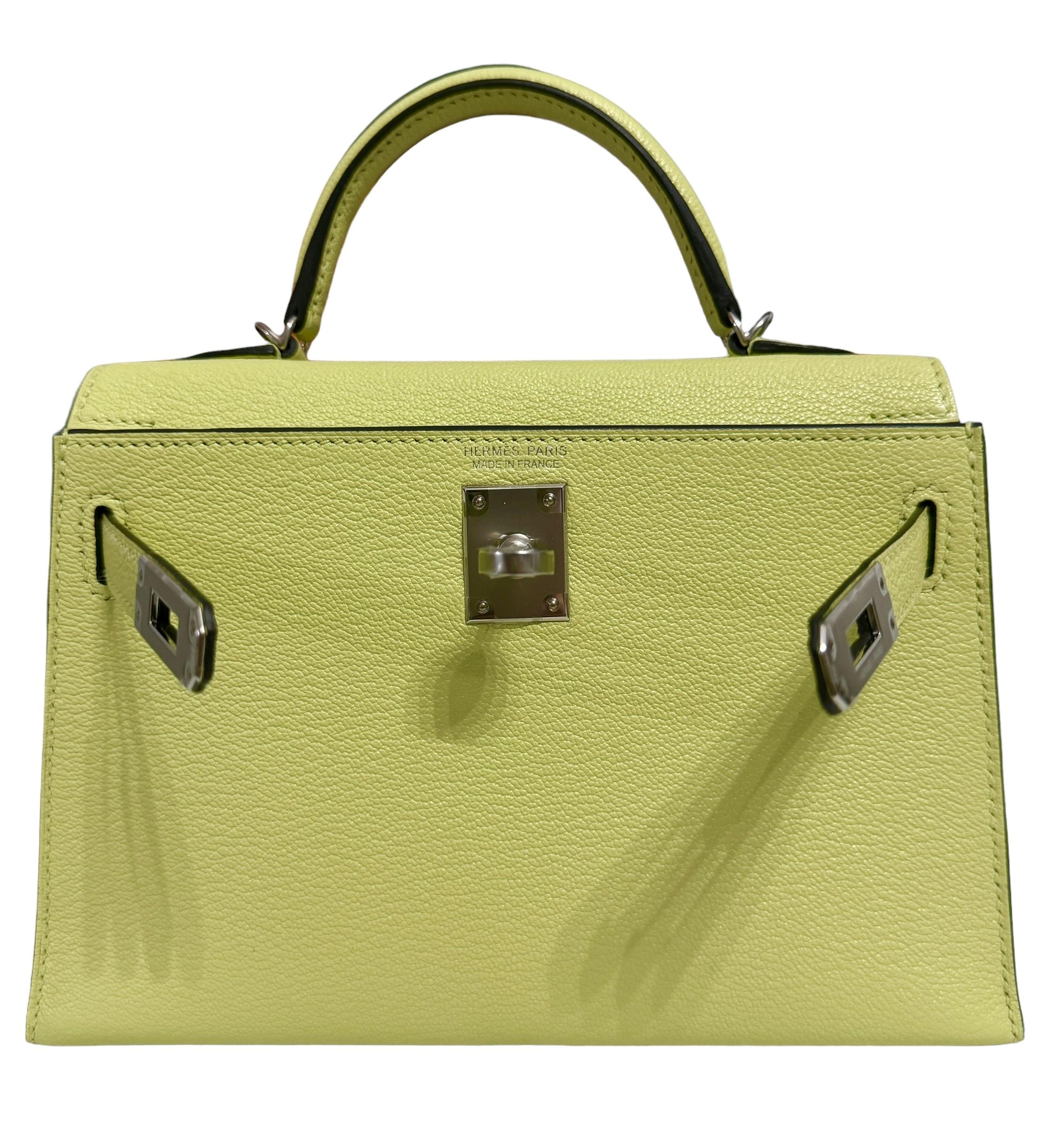 Beige Hermes Kelly Mini 20 Jaune Bourgeon Yellow Green Chèvre Leather Palladium RARE