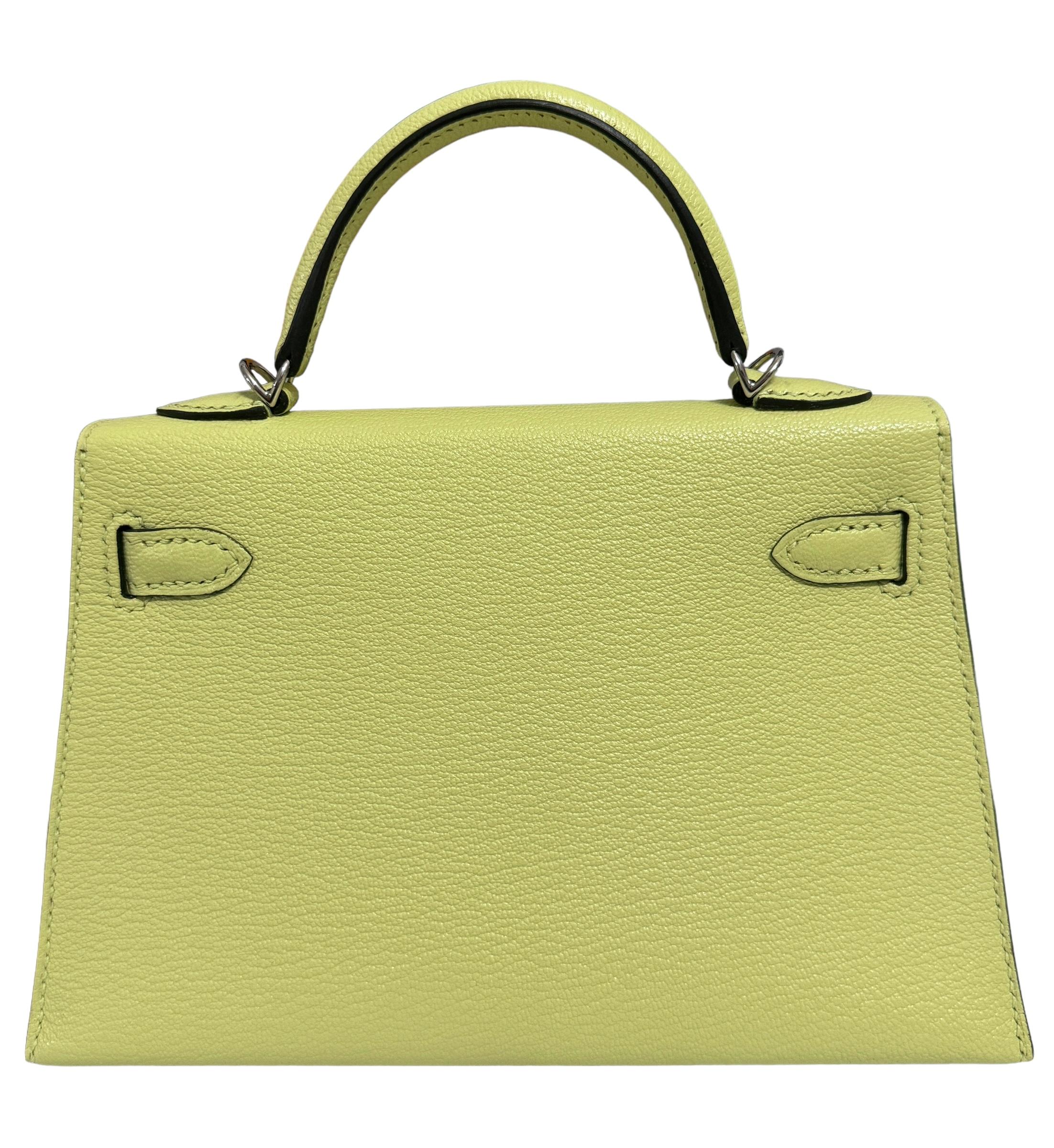 Hermes Kelly Mini 20 Jaune Bourgeon Yellow Green Chèvre Leather Palladium RARE 4
