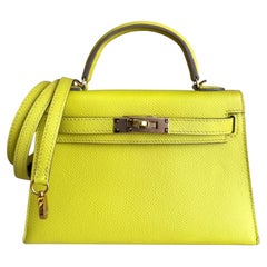 Hermes Kelly Mini 20 Lime Yellow Epsom Leather Gold Hardware Shoulder Bag