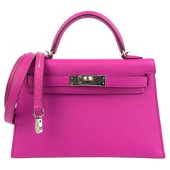 Hermès - Sac Kelly Mini 20 Magnolia rose et violet en cuir Epsom Palladium 