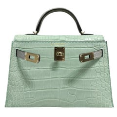 Hermes Kelly Mini 20 Matte Alligator Vert D'eau & Gris Perle Gray Top Handle Bag