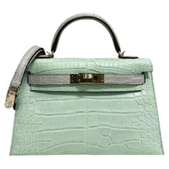 Hermes Kelly Mini 20 Matte Alligator Vert D'eau & Gris Perle Gray Top Handle Bag
