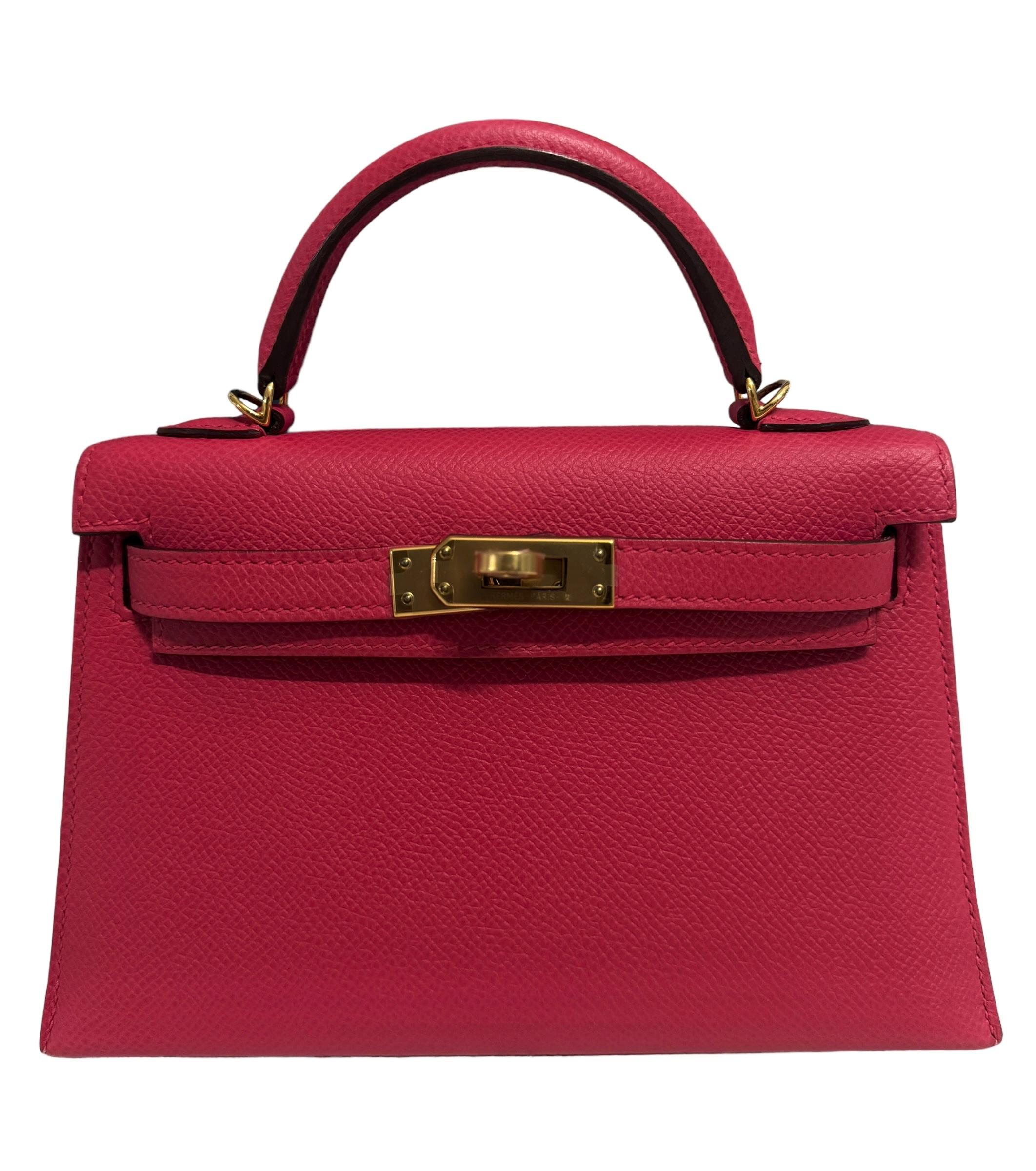 Ultra Rare and Hardest to get Hermes Mini Kelly 20 Rose Extreme Epsom Leather Complimented by Gold Hardware. . As New Pristine Condition Plastic on all Hardware. Includes all Accessories and Box. C Stamp 2018. From Collectors closet. Has been