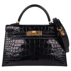 Hermes Kelly Mini 20 Sellier Black Alligator Gold Hardware