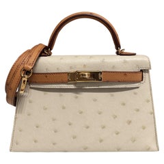 Hermes Kelly Mini 20 Commande spéciale Parchemin Sésame Cuir d'autruche Or Hw