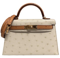 Hermes Kelly Mini 20 Ordine Speciale Pelle di Struzzo Parchemin Sesamo Oro Hw