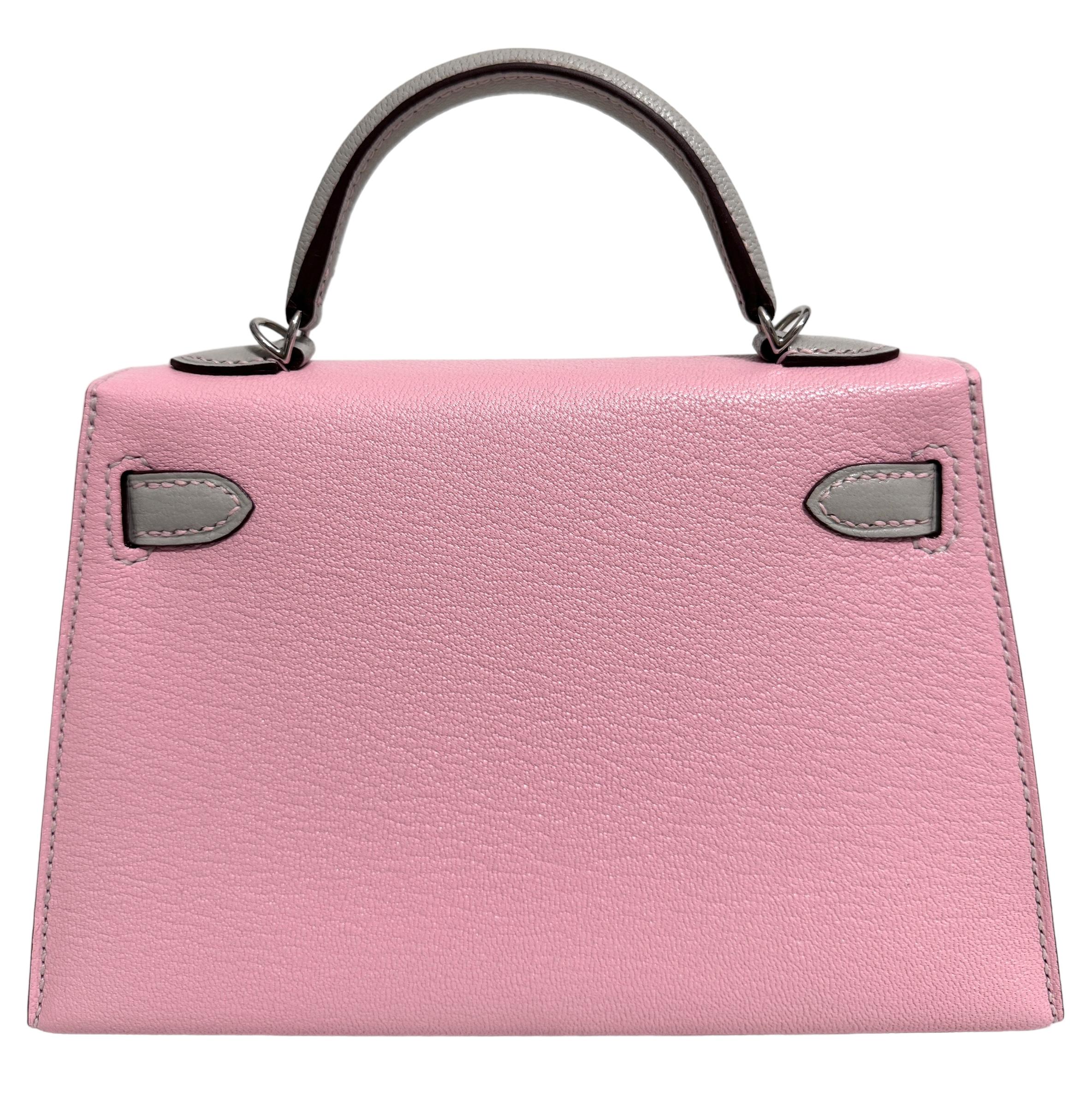 Beige Hermes Kelly Mini 20 Special Order Rose Sakura Gris Perle Gray Chèvre Palladium