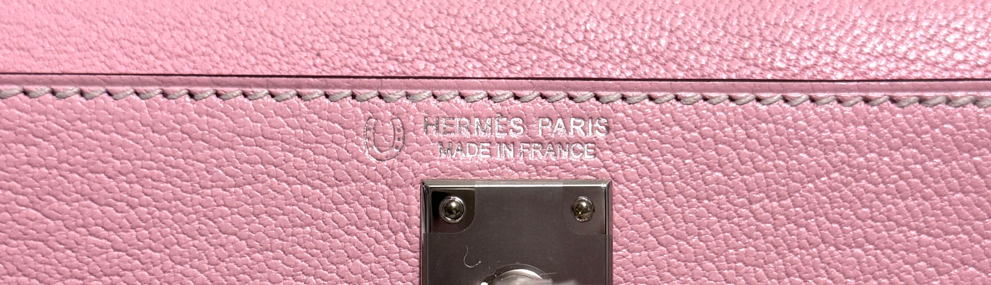 Women's or Men's Hermes Kelly Mini 20 Special Order Rose Sakura Gris Perle Gray Chèvre Palladium