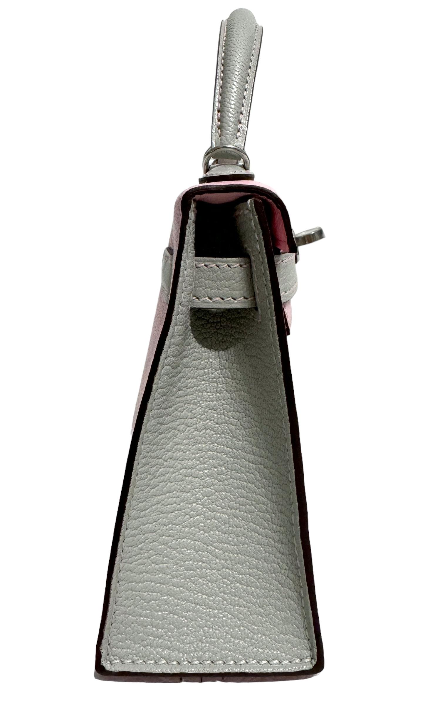 Hermes Kelly Mini 20 Special Order Rose Sakura Gris Perle Gray Chèvre Palladium 2