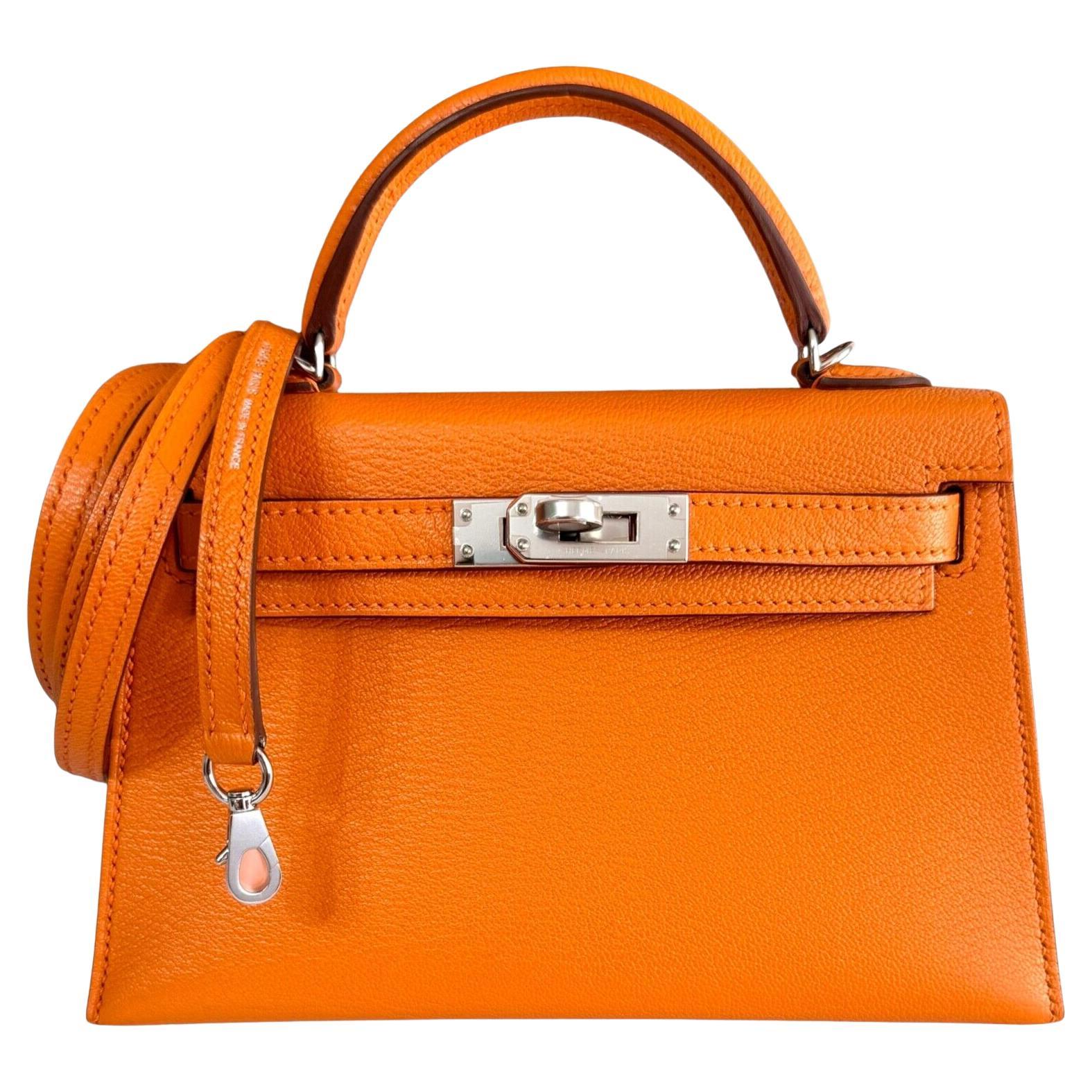 Hermes Kelly Mini 20 Verso Orange & Sanguine Chèvre Leather Palladium Hardware   For Sale