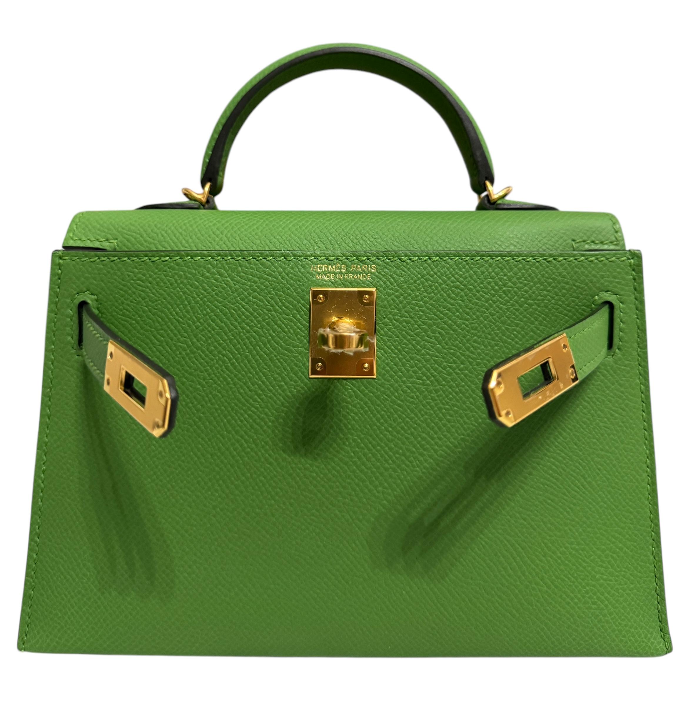 Women's or Men's Hermes Kelly Mini 20 Vert Yucca Green Epsom Leather Gold Hardware RARE