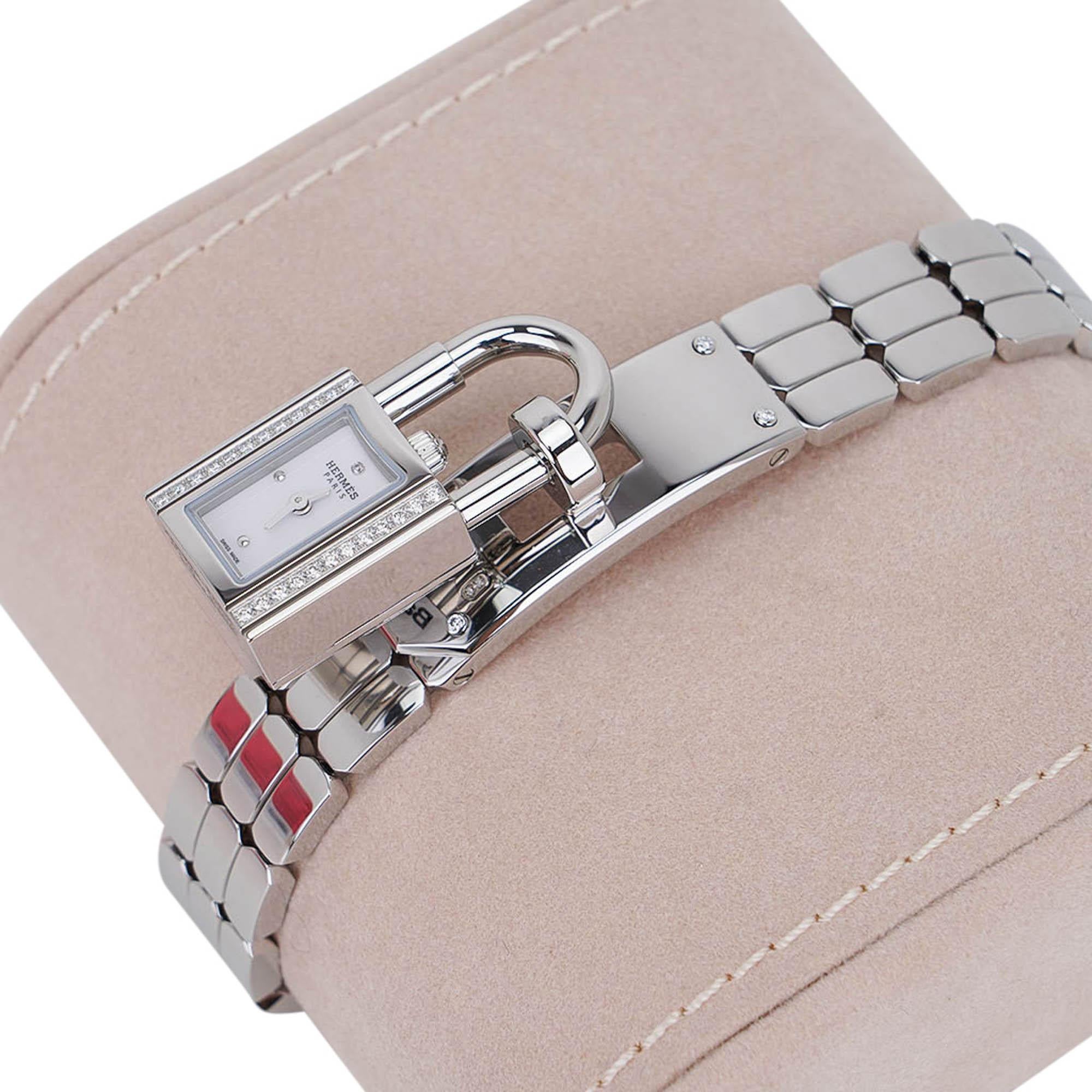 Reloj Hermes Kelly Mini Model 16 mm Acero inoxidable con diamantes engastados Corte brillante