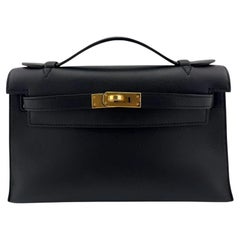 Hermes Kelly Mini Pochette Black Noir Leather Gold Hardware Rare Top Handle Bag