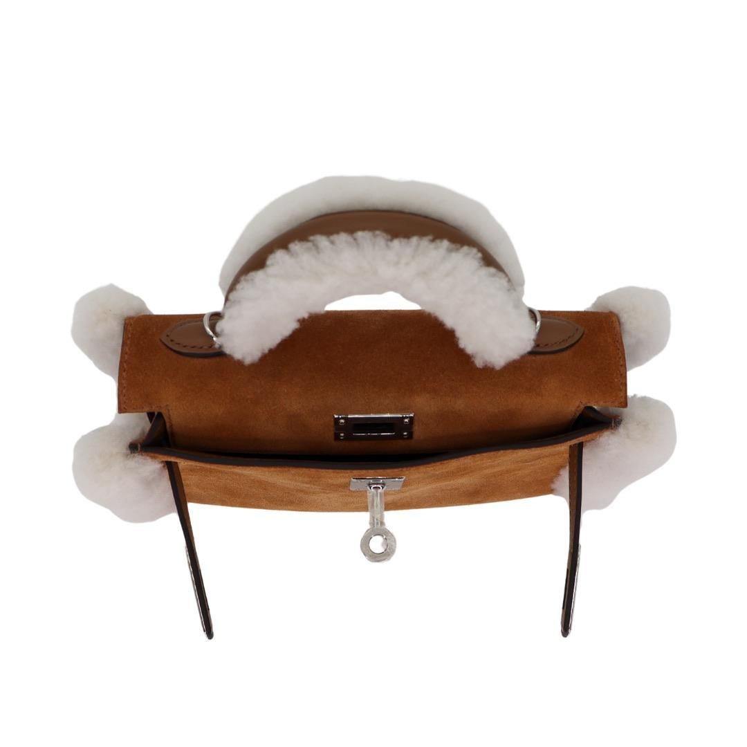Hermès Kelly Mini Teddy Plush Shearling Chamois/Ecru/Alezan Palladium Hardware For Sale 2