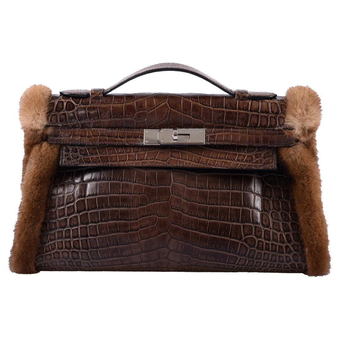 Hermès Kelly Muff Matte Havane Nilo Crocodile & Mink Bag with Palladium Hardware