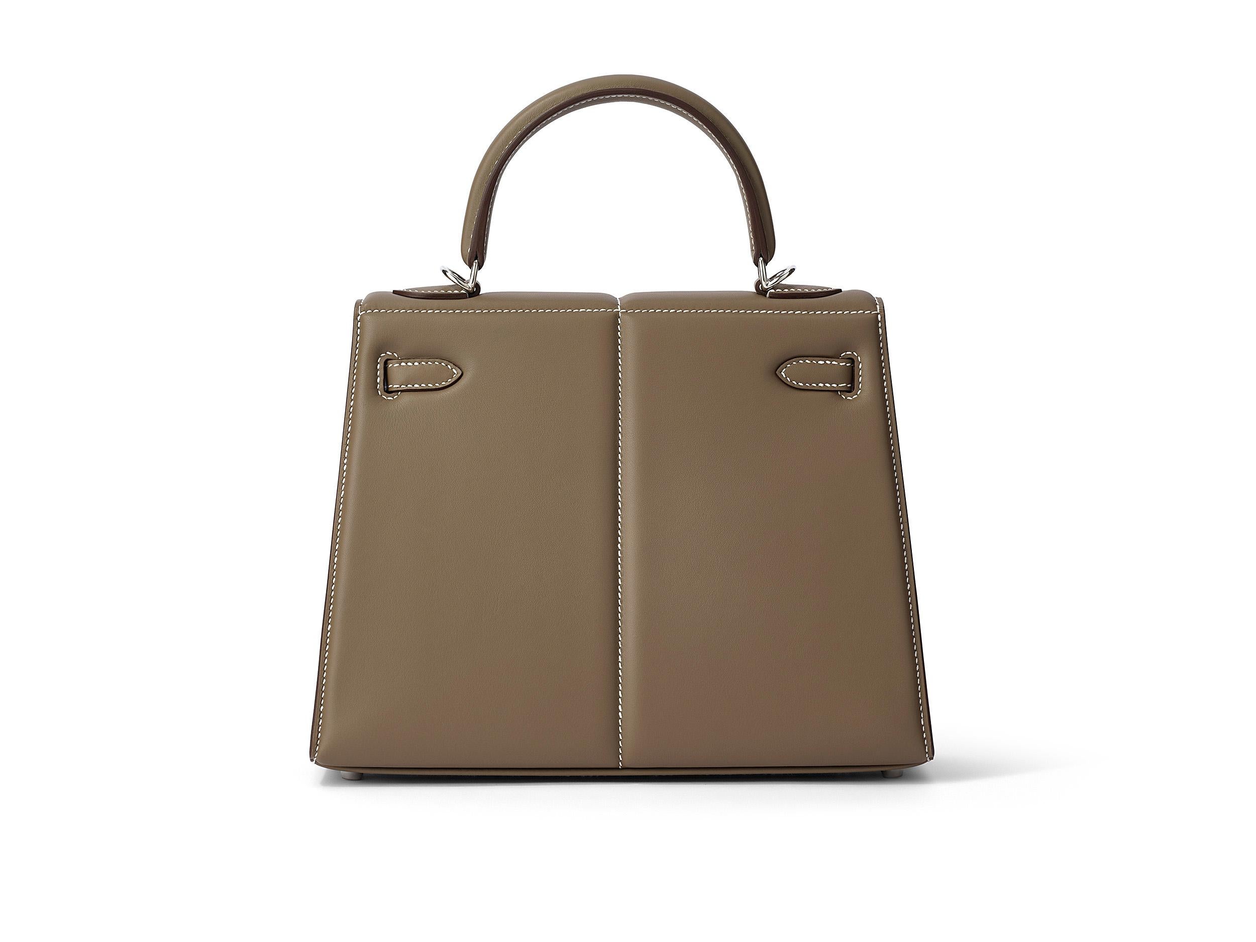 Brown Hermès Kelly Padded 25 Etoupe Swift Palladium Hardware For Sale