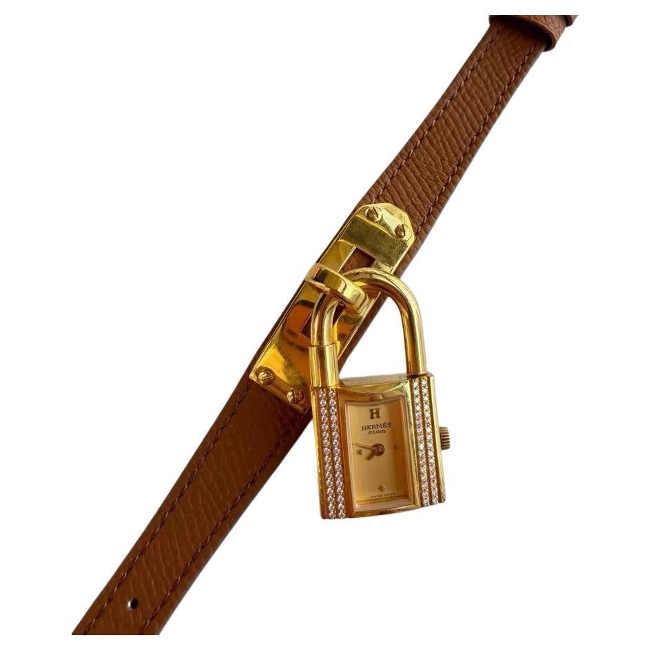 Hermès Kelly Padlock Gold Watch with Diamonds Brown Leather Strap