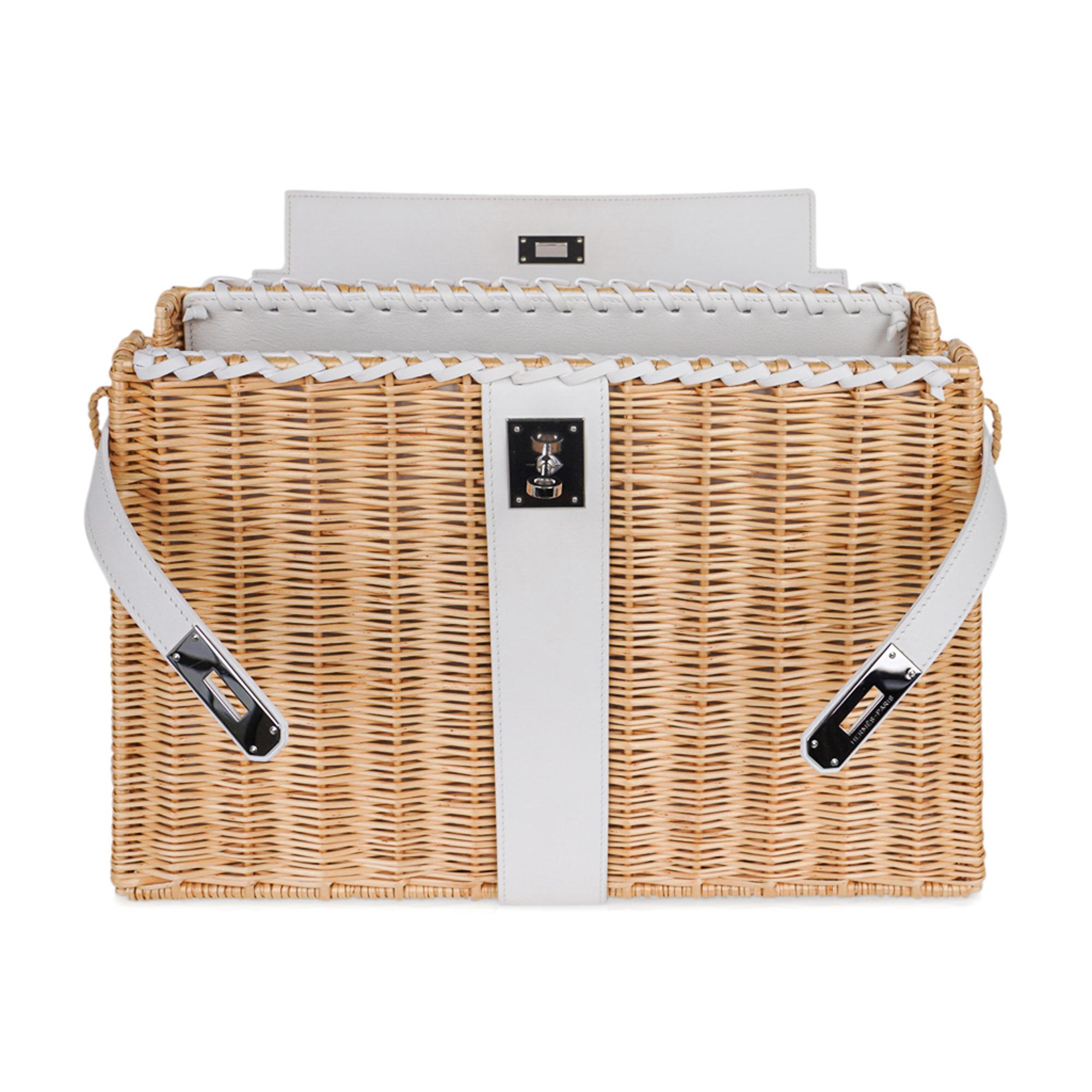 Hermes Kelly Picnic 35 Bag White Swift Leather / Osier (Wicker) Limited Edition 3