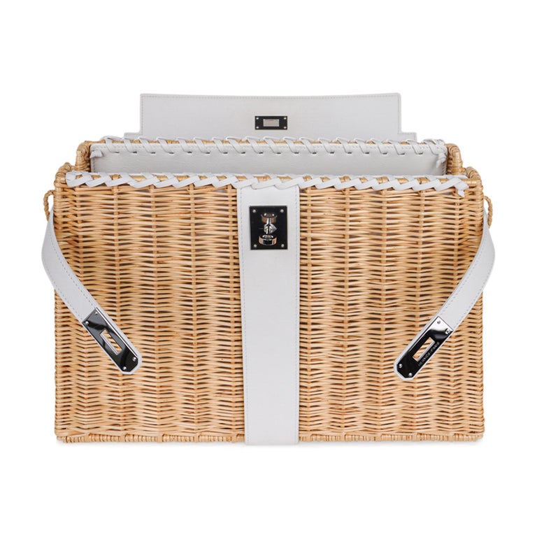 Hermes Kelly Picnic 35 Bag White Swift Leather / Osier (Wicker) Limited